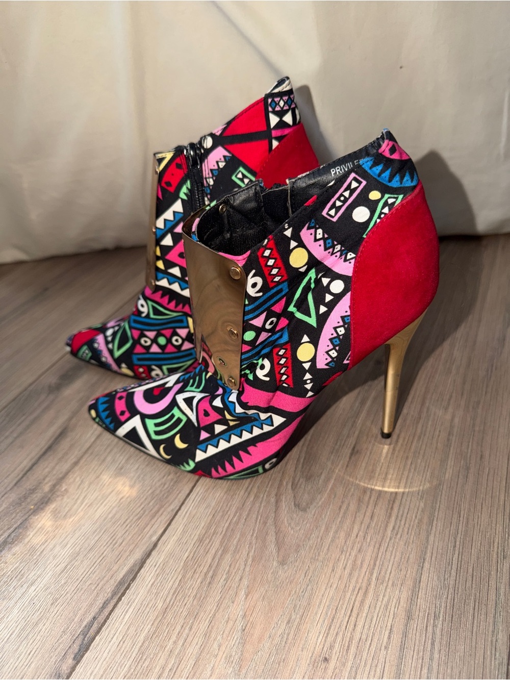 Redkiss Privileged Red Multicolor Printed Ankle Bootie with Gold Plate Heel